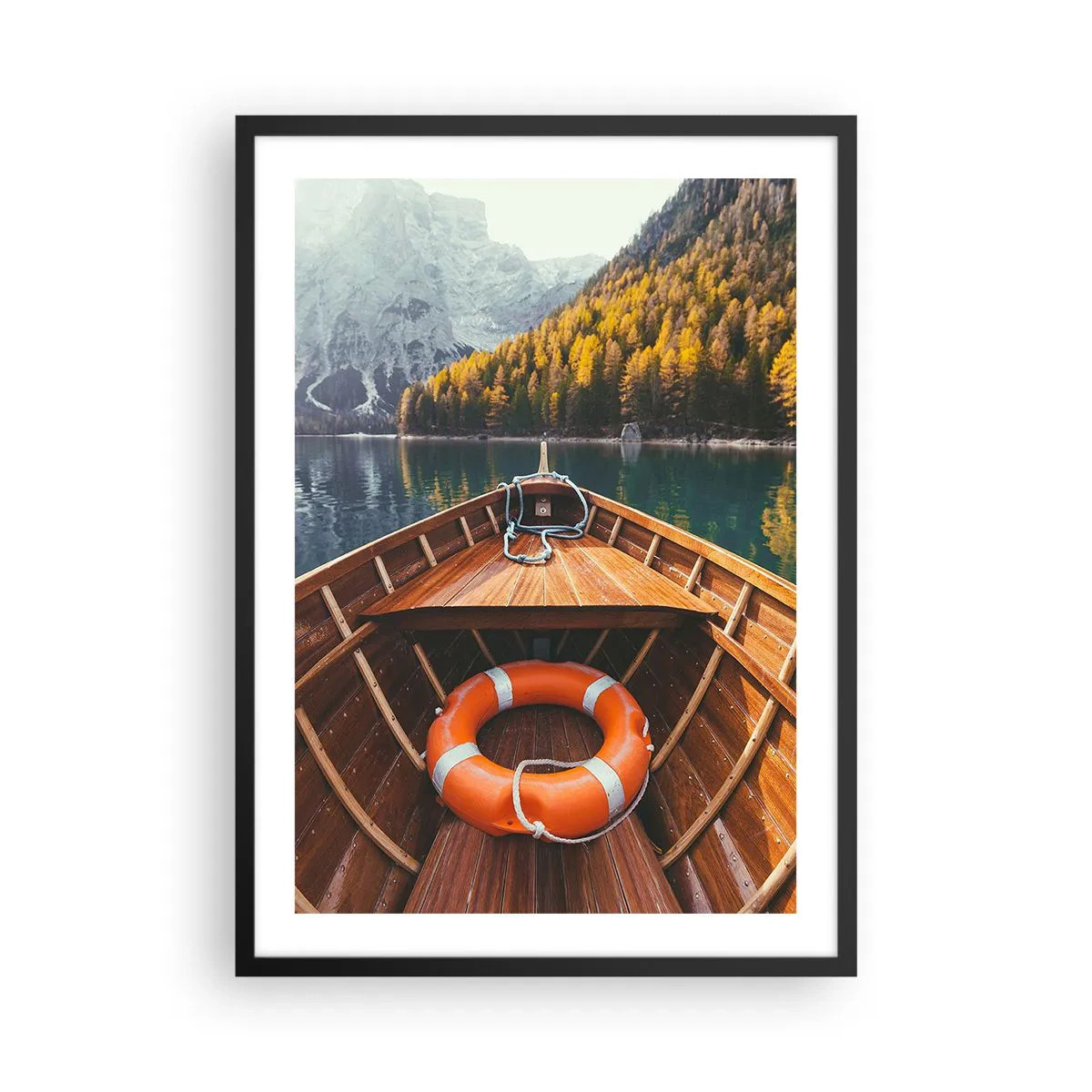Poster in black frame - A wooden boat on a lake surrounded by mountains - 50x70cm - Mountain Hike - Modern wall decoration for the living room and bedroom ARTTOR