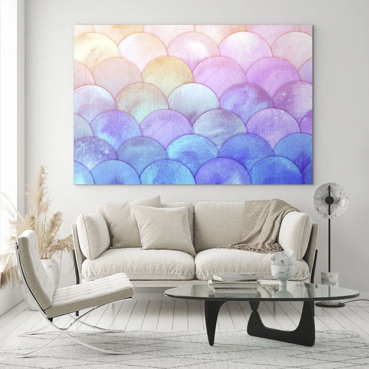 Glass picture - Pearl scales in pastel shades of pink, blue and purple - 70x50cm - Pearl Scale - Modern wall decoration for the living room and bedroom ARTTOR